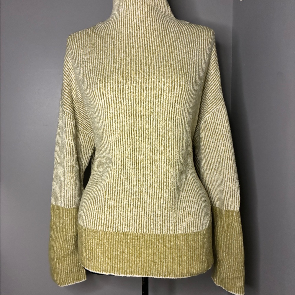 Calvin Klein Striped Olive Green and Cream Women's Sweater